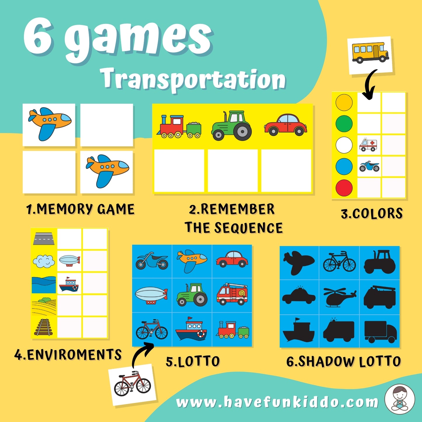 6 games transportation, memory game, loto