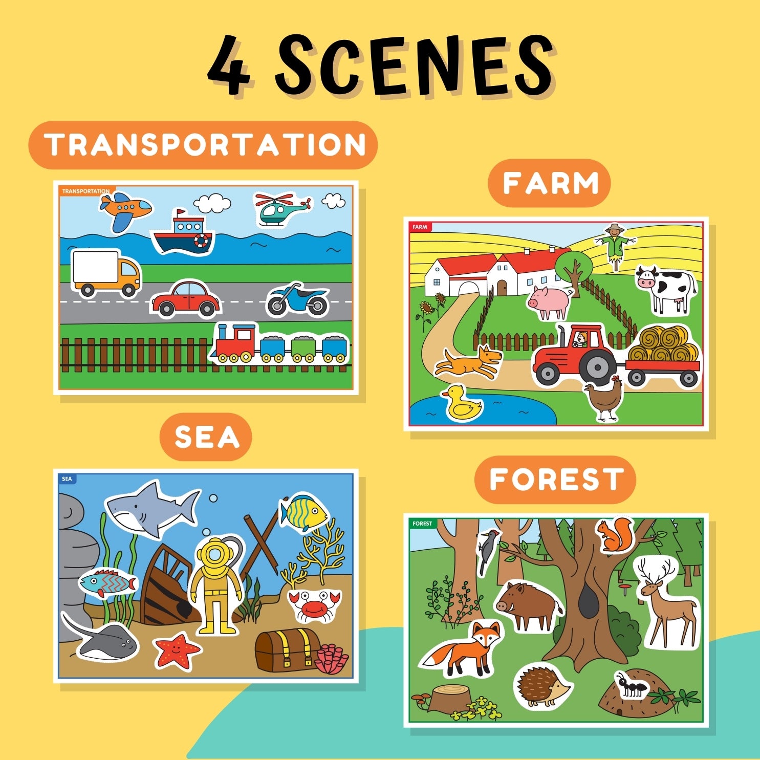 transportation, farm, sea, forest - sort and place